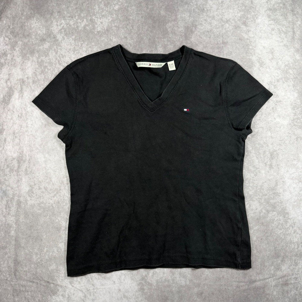 Tommy Hilfiger Womens V-Neck T-Shirt Black Short Sleeve Flag Logo Top Size XL